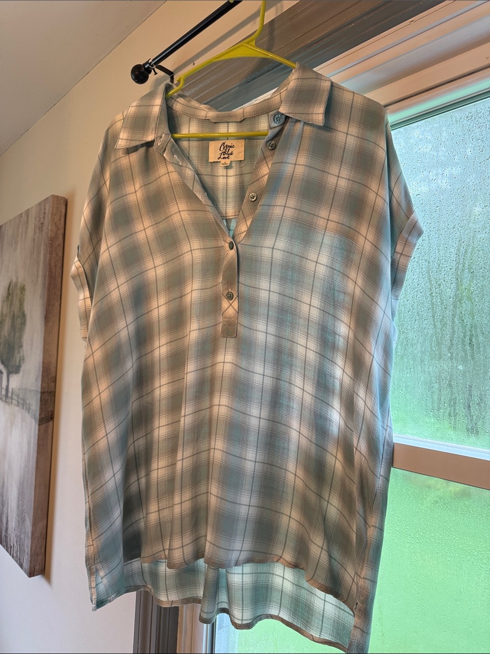 Charming Plaid Cap-Sleeve Blouse - Seafoam